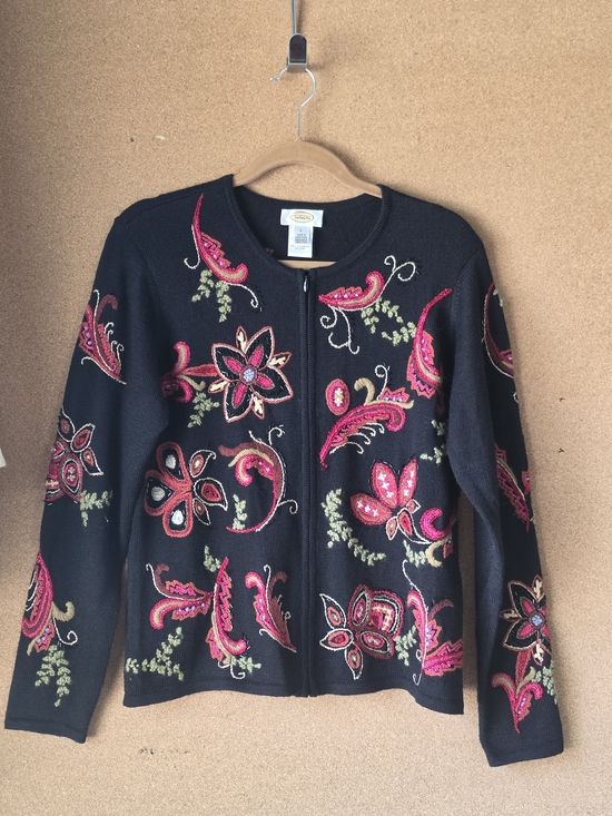Talbots Sweaters - Talbots Black Embroidered Floral Wool Blend Cardigan Sweater L